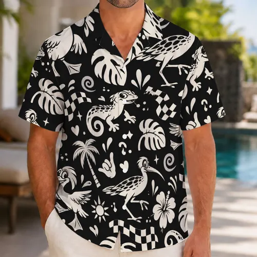 Monochrome Cartoon Doodle Motifs for Creative Summer Getaways and Beachside Weekends Hawaiian Shirt