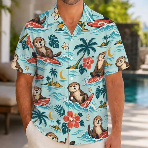 Playful Sea Otter Surfer for Tropical Island Getaways and Sunny Summer Holidays Away Hawaiian Shirt