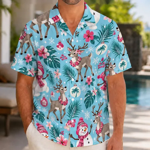 Cheerful Snowmen And Reindeer Holiday Scenes For Christmas Island Getaways And Winter Hawaiian Shirt
