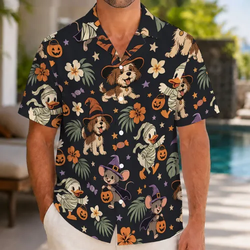 Spooky Mouse, Mummy Duck And Witch Dog Halloween Characters For Festive Beach Days Hawaiian Shirt