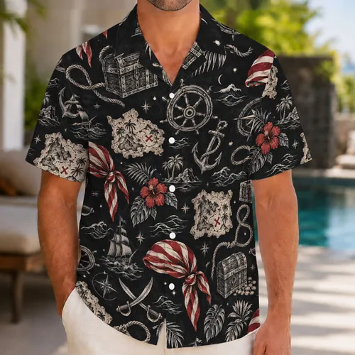 Pirate Treasure Maps And Red Bandanas For Tropical Cruise Vacation Getaways At Sea Hawaiian Shirt