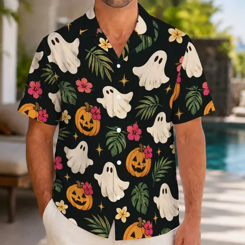 Playful Ghosts and Grinning Pumpkin Faces for Spooky Halloween Island Getaways and Parties Hawaiian Shirt