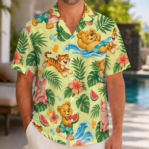 Whimsical Bear, Pink Pig and Striped Tiger Beach Fun for Sunny Summer Island Getaways Hawaiian Shirt