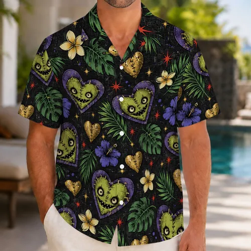Spooky Grinning Faces and Golden Hearts for Halloween Getaways and Tropical Vacations Hawaiian Shirt