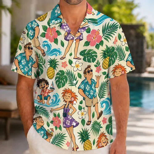 Cartoon Island Family and Pineapples for Summer Beach Getaways and Halloween Fun Hawaiian Shirt