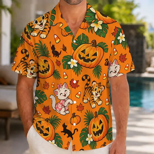 Pumpkin, Tiger Cub and White Kitten Halloween Aloha for Spooky Autumn Celebrations Hawaiian Shirt