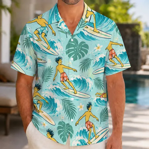 Spiky-Haired Cartoon Surfer Beach Day Gift For Him And Summer Island Getaways Hawaiian Shirt