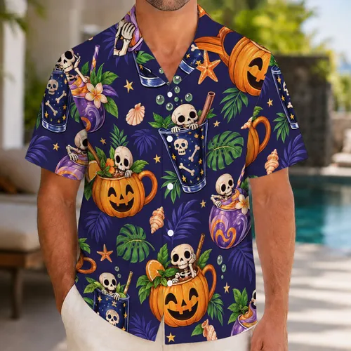 Whimsical Skeleton Cocktails for Halloween Beach Getaways and Spooky Island Escapes Hawaiian Shirt