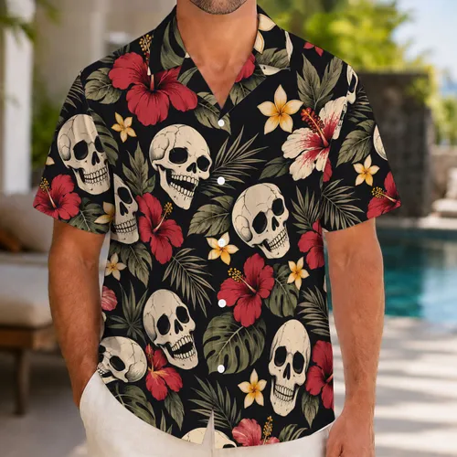 Whimsical Skeleton Faces and Tropical Blooms for Halloween Getaways and Spooky Vacations Hawaiian Shirt