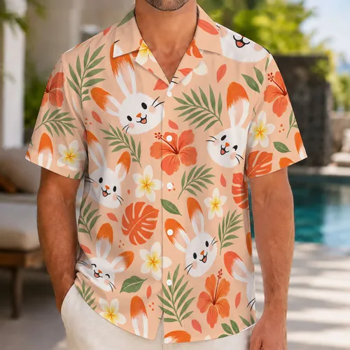 Cute White Bunny Faces with Orange Ears for Sunny Summer Beach Getaways and Vacations Hawaiian Shirt