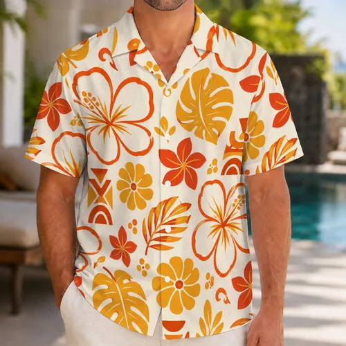 Retro Orange Tiki Florals for Island Getaways and Sunny Coastal Holidays for Men Hawaiian Shirt