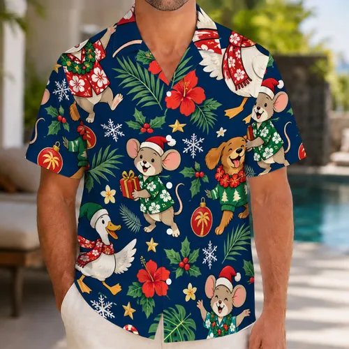 Festive Cartoon Mouse Friends for Christmas Celebrations and Tropical Holiday Getaways Hawaiian Shirt