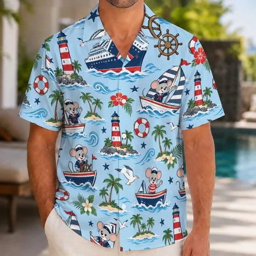 Nautical Mouse Sailors and Cruise Ships for Family Summer Island Getaway Vacations Hawaiian Shirt