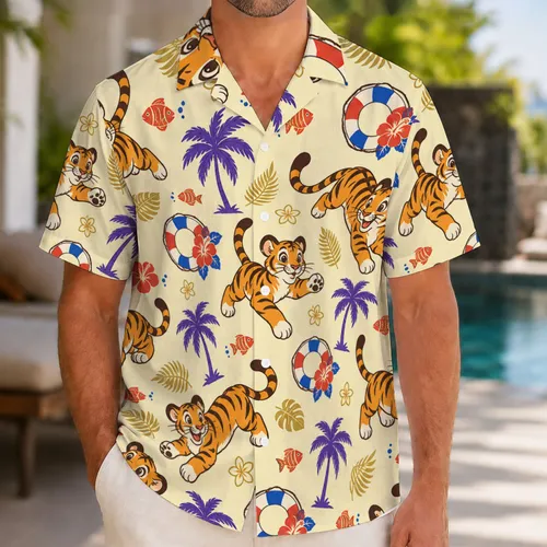 Playful Orange Tiger and Island Icons for Sunny Summer Getaways and Beach Holidays Hawaiian Shirt