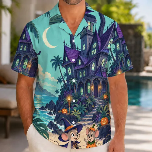Spooky Mouse Couple at Haunted Manor for Halloween Island Getaways and Costume Season Hawaiian Shirt