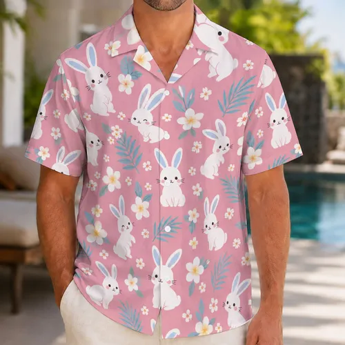 Cute White Bunny and Pink Flowers for Sunny Summer Beach Days with Kids Hawaiian Shirt