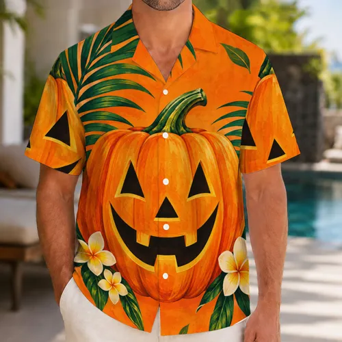 Smiling Jack-O’-Lantern Halloween Look for Autumn Park Adventures and Pumpkin Season Hawaiian Shirt