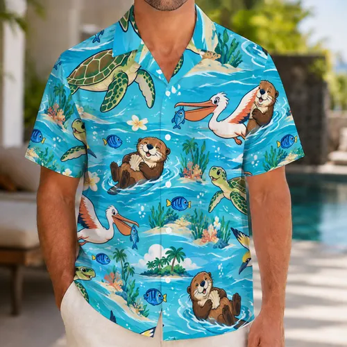 Cartoon Sea Friends and Island Flowers for Sunny Beach Getaways and Summer Vacations Hawaiian Shirt