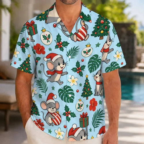 Festive Santa Hat Mouse and Holiday Icons for Christmas Cheer and Winter Getaways Hawaiian Shirt