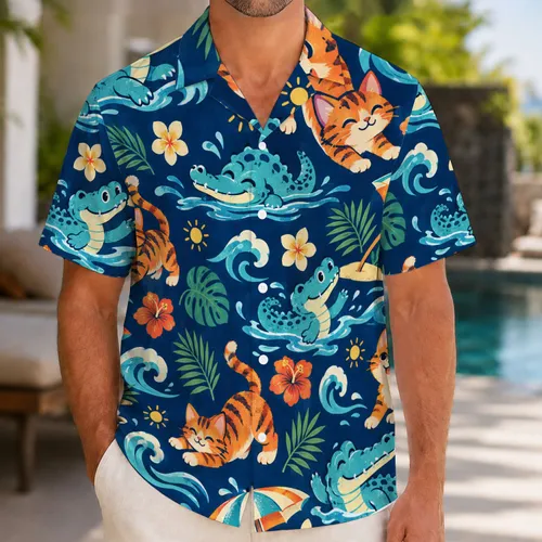 Orange Kittens And Blue Crocodiles For Playful Island Getaways And Summer Beach Days Hawaiian Shirt