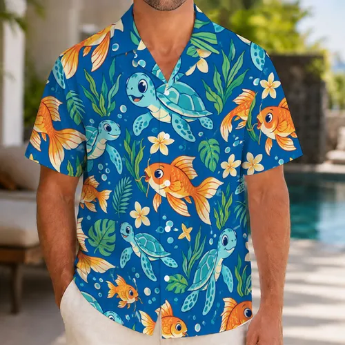 Playful Tropical Fish And Blue Turtle Ocean Escape For Sunny Summer Beach Days Hawaiian Shirt