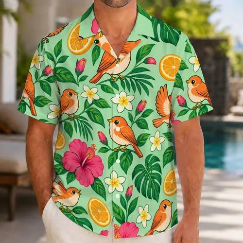 Cheerful Orange Songbird and Hibiscus Blooms for Sunny Island Getaways and Vacations Hawaiian Shirt