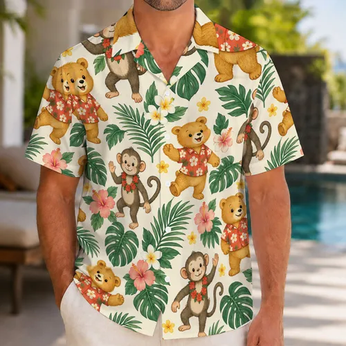 Cheerful Bear And Monkey Jungle Friends For Sunny Island Getaways And Family Vacations Hawaiian Shirt