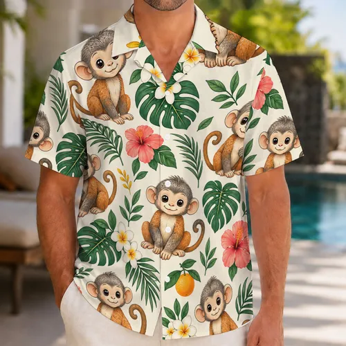 Cute Baby Monkey and Tropical Flowers for Sunny Island Getaways and Family Vacations Hawaiian Shirt