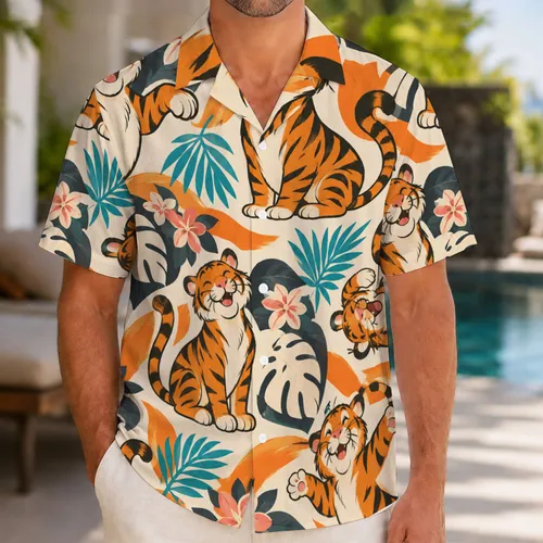 Bouncy Orange Tiger and Tropical Leaves for Playful Island Getaways and Sunny Days Hawaiian Shirt