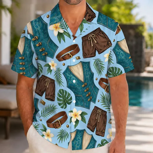 Teal Adventurer Vest and Leather Belt for Halloween Cosplay and Theme Park Outings Hawaiian Shirt
