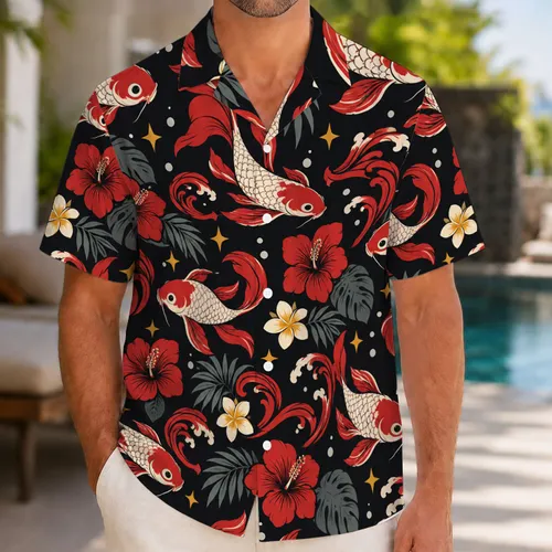 Red-Crested Koi Fish And Scarlet Waves For Bold Tropical Getaways And Aquarium Fans Hawaiian Shirt