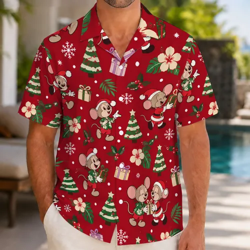 Festive Mouse Characters and Christmas Trees for Holiday Vacation Celebrations Hawaiian Shirt
