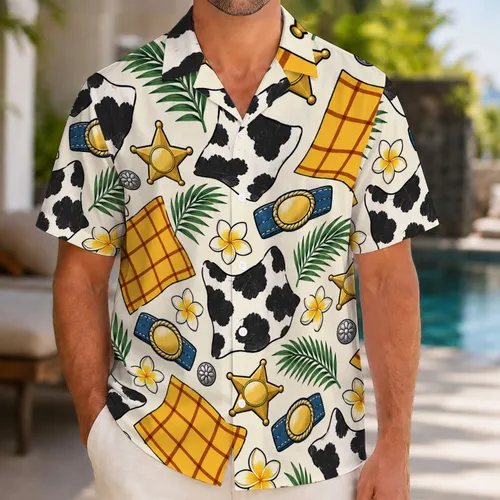 Yellow Plaid Cowboy Star and Blue Denim Buckle for Western Beach Days and Summer Fun Hawaiian Shirt