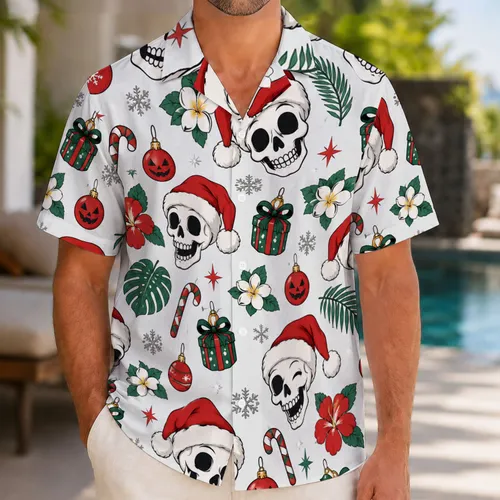 Spooky Christmas Skulls for Festive Holiday Beach Days and Winter Getaways Hawaiian Shirt