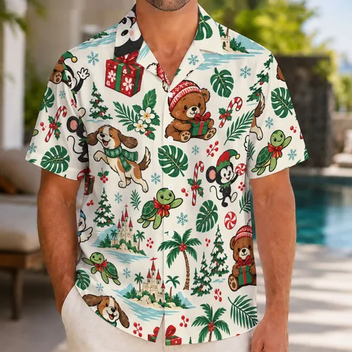 Festive Cartoon Animal Friends Celebrating Christmas by the Sea for Holiday Getaways Hawaiian Shirt