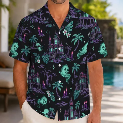 Spooky Mansion Ghosts and Tropical Botanicals for Halloween Beach Getaways and Parties Hawaiian Shirt