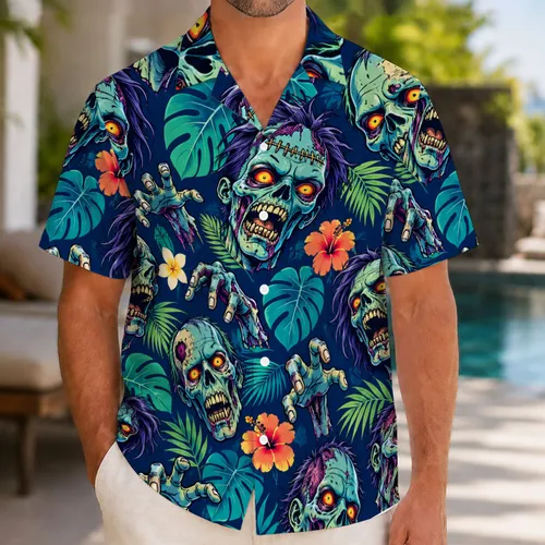 Vibrant Zombie Faces and Grasping Hands for Halloween Beach Parties and Horror Fans Hawaiian Shirt