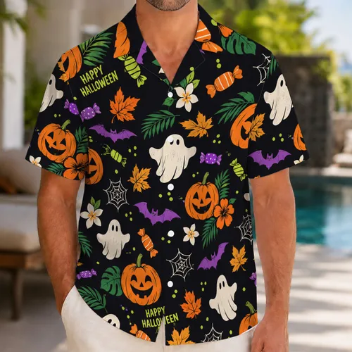 Jack O Lantern Ghost Candy Aloha for Halloween Beach Celebrations and Parties Hawaiian Shirt