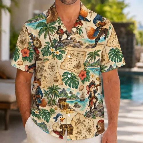 Pirate Animal Crew and Treasure Maps for Sunny Tropical Island Getaway Adventures Hawaiian Shirt