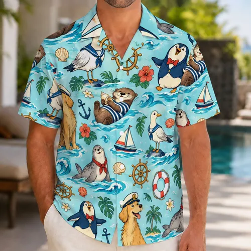 Cartoon Sea Captain Animals for Tropical Family Getaways and Sunny Coastal Holidays Hawaiian Shirt