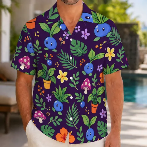 Cute Blue Bulb Plants and Tropical Botanicals for Playful Summer Beach Days Hawaiian Shirt