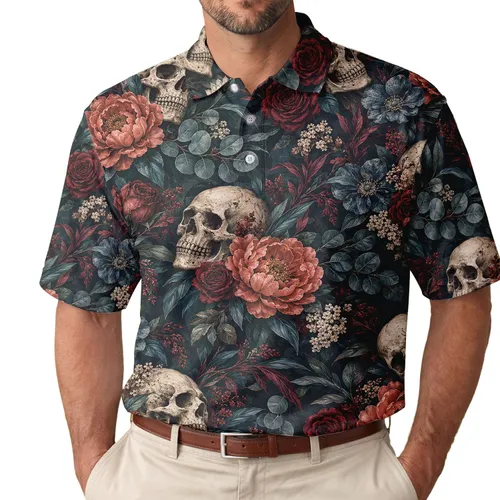 Dark Floral Skull Garden for Gothic Festivals, Outdoor Style, and Alternative Women Men's Polo Shirt