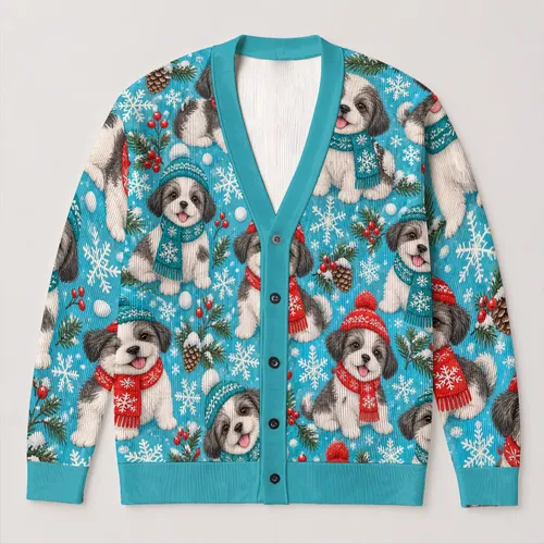 Festive Puppy Snowflake Holiday Scene for Cozy Winter Layering for Women and Teens All-over Print Knitted Cardigan