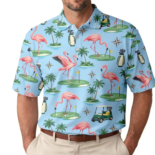 Pink Flamingo Golf Scene for Sunny Fairway Days and Resort Escapes for Women Players Men's Polo Shirt