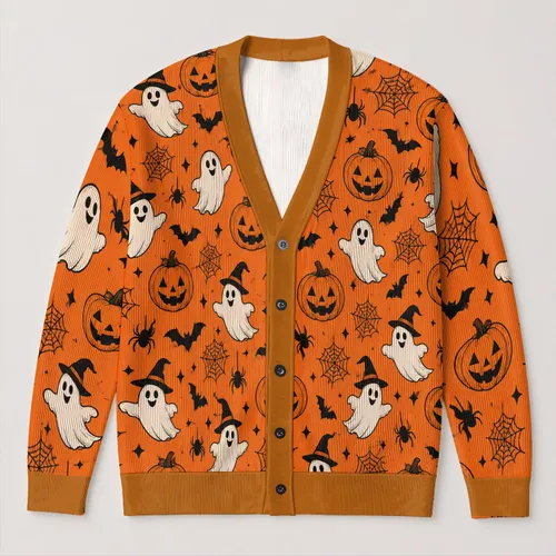 Cute Halloween Pumpkins, Ghosts and Bats for Cozy Autumn Layering, Women’s Seasonal Style All-over Print Knitted Cardigan