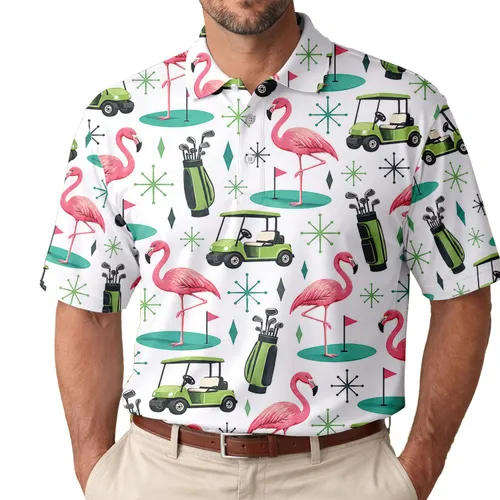 Pink Flamingo Golf Outfit for Women, Retro Summer Course and Resort Style Men's Polo Shirt