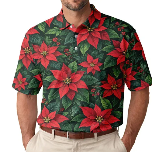 Red Poinsettia Christmas Holiday Aloha Style for Men and Festive Tropical Gatherings Men's Polo Shirt