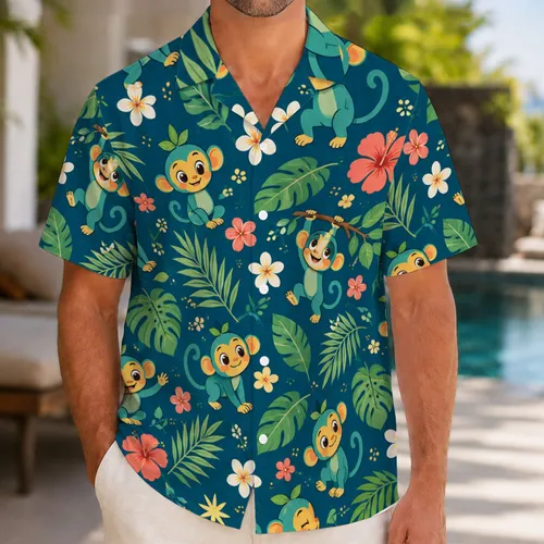 Cute Green Island Monkeys with Tropical Flowers for Sunny Summer Beach Adventures Hawaiian Shirt