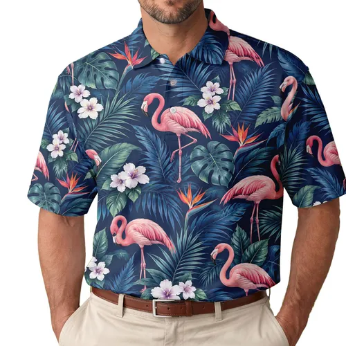 Pink Flamingo Tropical Palm Leaves For Resort Golf Style And Summer Travel Wardrobe Men's Polo Shirt