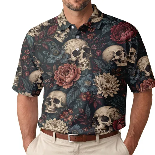Gothic Skull Floral Motif for Equestrian Golf Style and Alternative Women’s Outings Men's Polo Shirt
